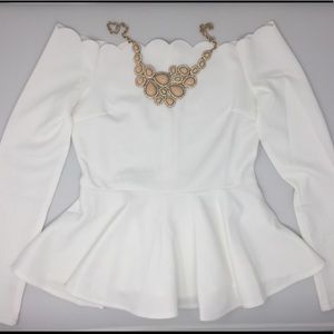 White Peplum Blouse. Scallop off the shoulder.